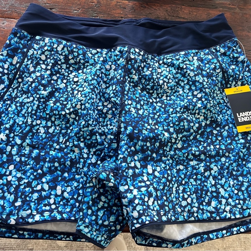 Lands' End Blue Patterned Swim Shorts with liner